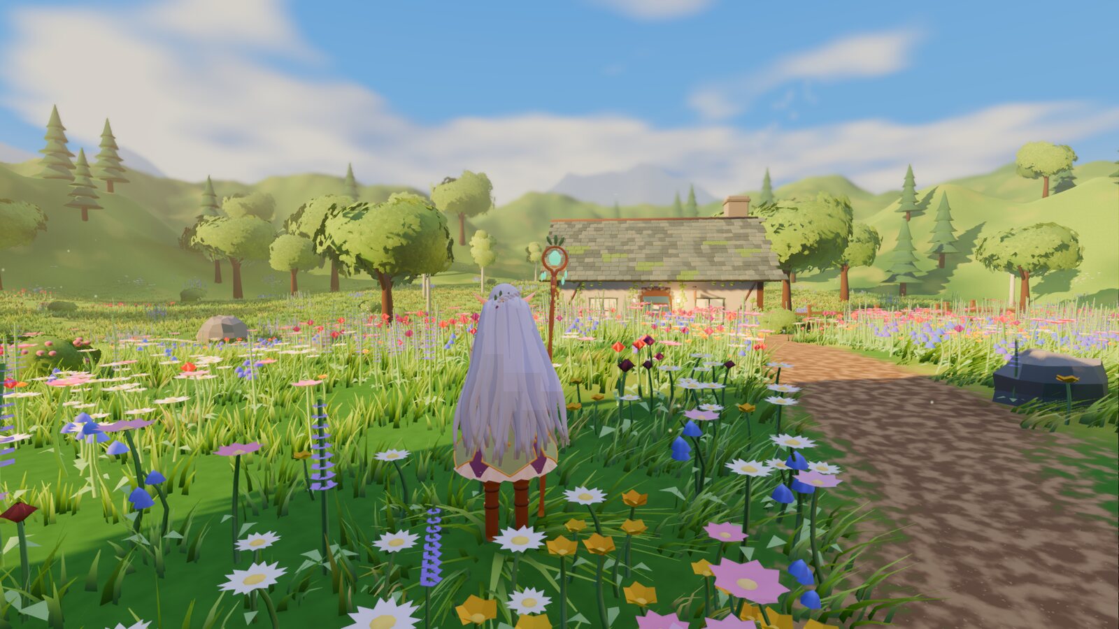 In-game screenshot: the elven mage standing among freshly grown wildflowers beside the dirt path, the ivy-covered cottage behind her.