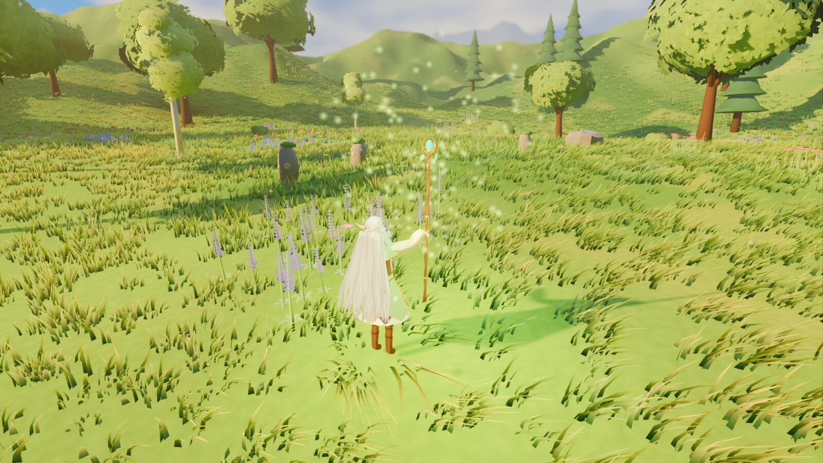 The mage raising her staff as green-gold motes gather.
