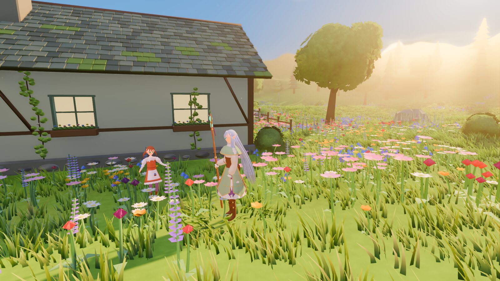 Close view of bluebells, daisies, cosmos and lupins in the grass.